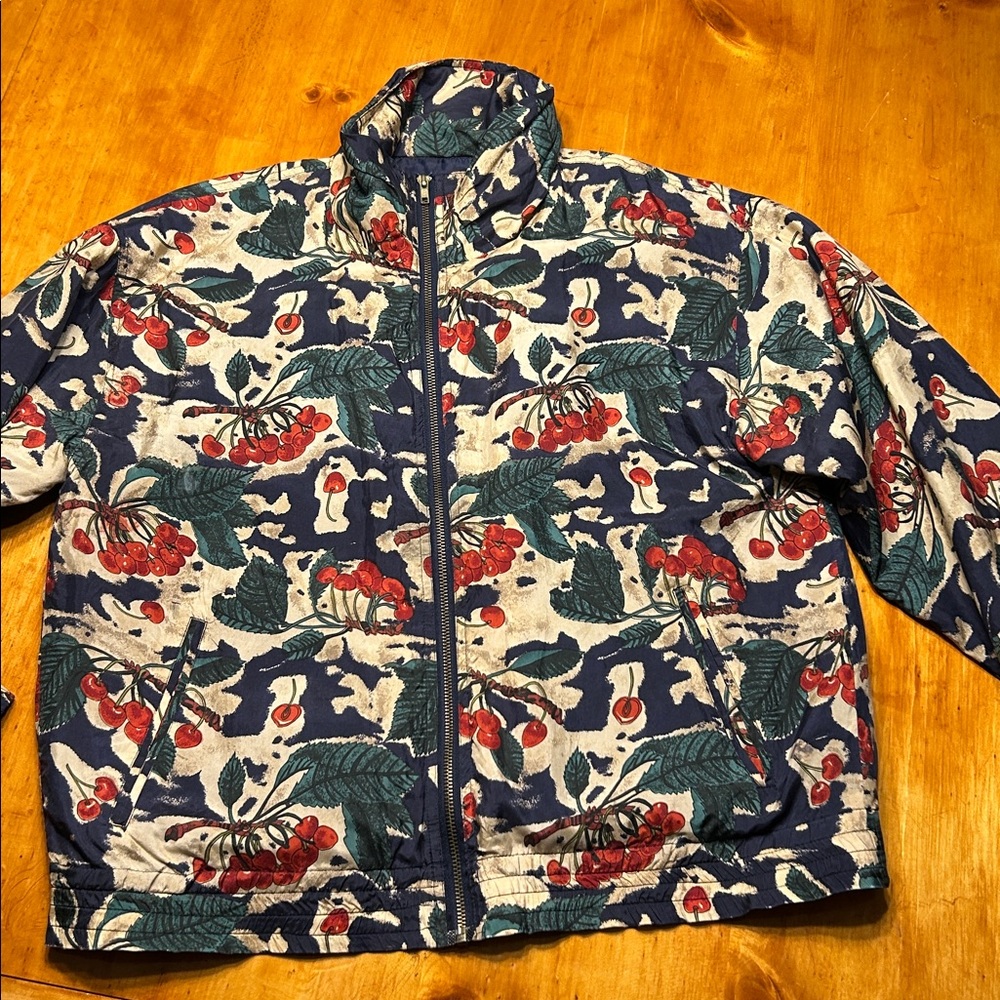 EVR 100% Silk Full Zip Cherry Botanical Pattern Lightweight Vtg Bomber Jacket - Picture 5 of 8